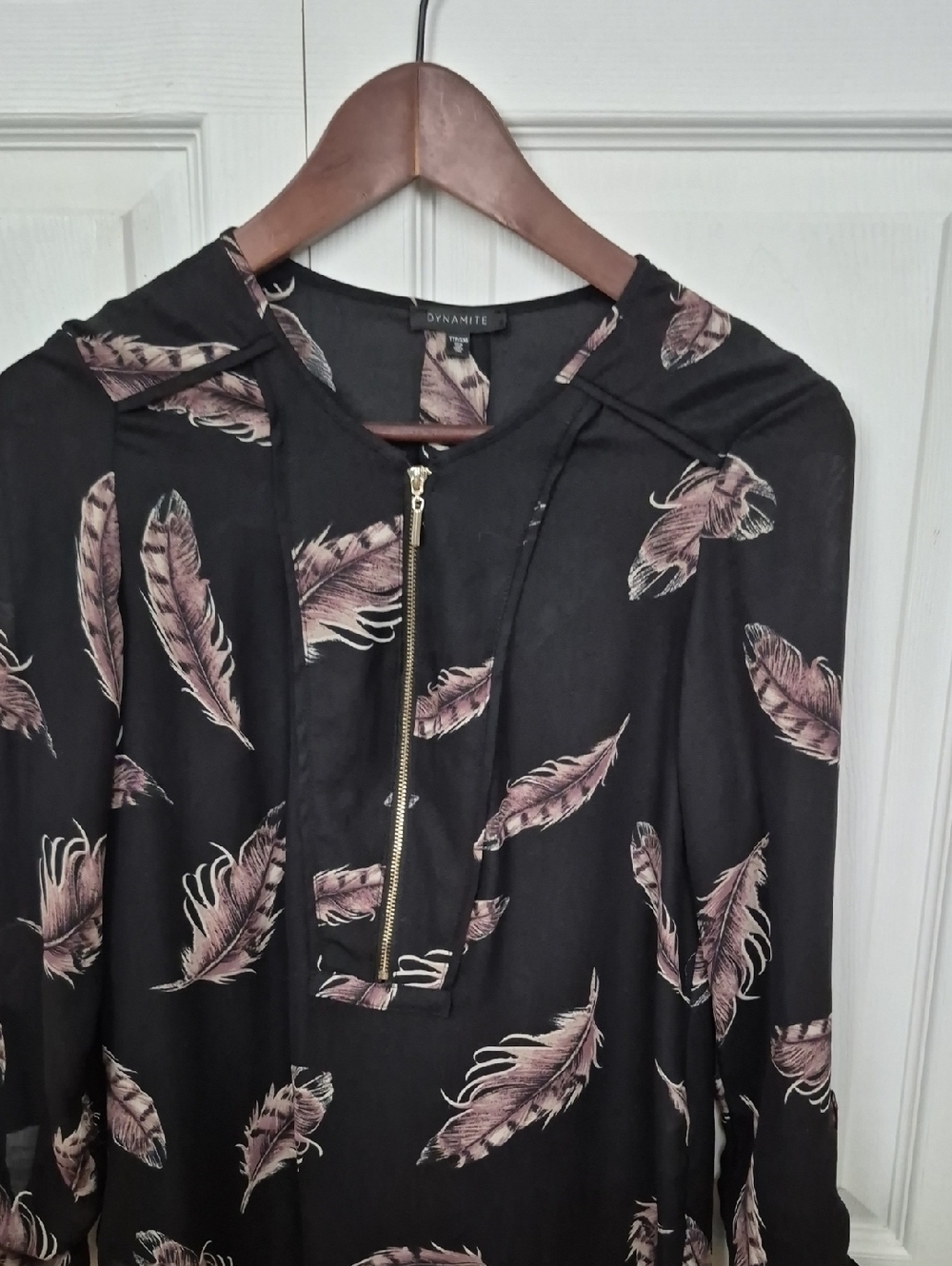 Dynamite Black Blouse Top with Blush Feather Print and Gold Zip